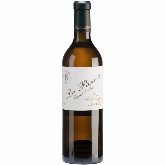 Botella de vino blanco generoso Fino Especial La Panesa de la Bodega Emilio Hidalgo en la denominación de origen Jerez-Xérès-Sherry