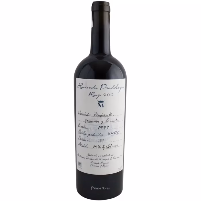 Botella de vino tinto Hacienda Pradolagar Reserva 1997 de Bodegas y Viñedos del Marqués de Vargas en Rioja