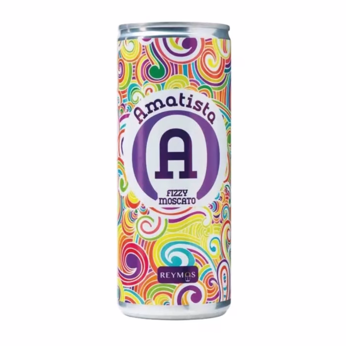 Lata de 25cl. de vino rosado Amatista Rosado Moscato Frizzante de Bodegas Reymos Anecoop Valencia