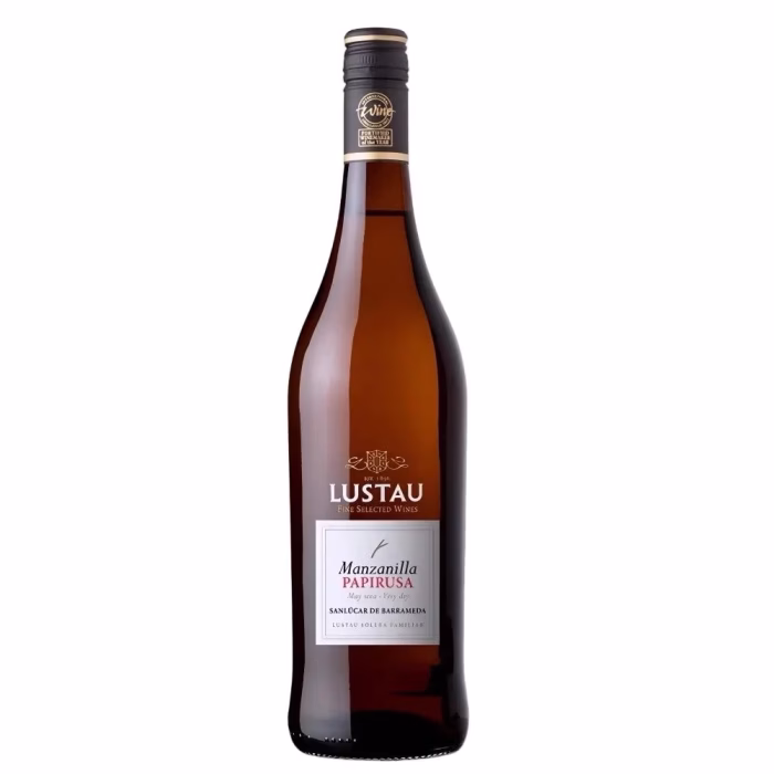 Botella de vino generoso de Jerez Manzanilla Papirusa de Bodegas Lustau Jerez-xérès-sherry Manzanilla-Sanlúcar de Barrameda