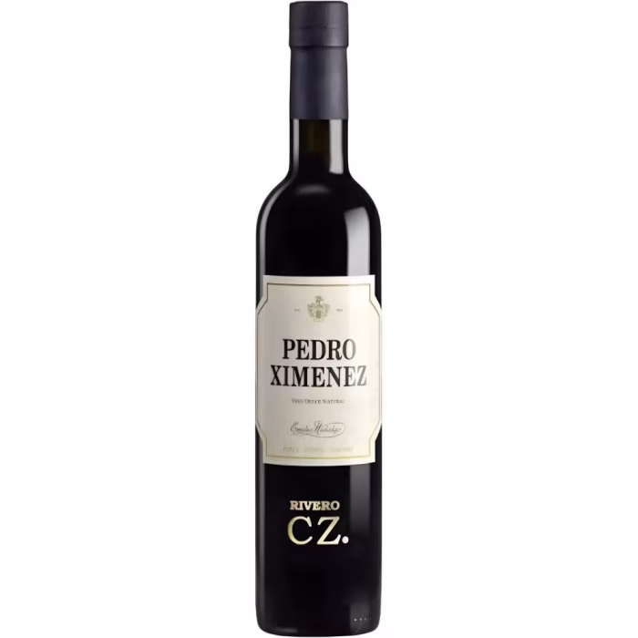 Botella de vino blanco generoso Pedro Ximénez Rivero CZ de la Bodega Emilio Hidalgo denominación de origen Jerez-Xérès-Sherry