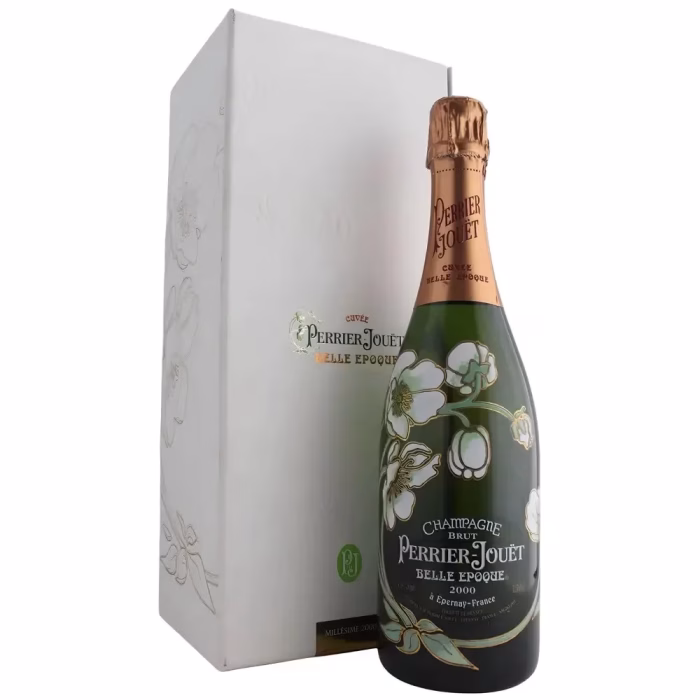 Presentación en caja original del vino Champagne Perrier-Jouët Belle Epoque 2000 edición coleccionista