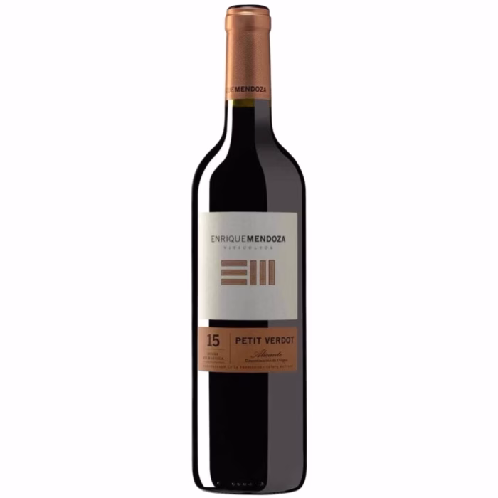 Botella de vino tinto Enrique Mendoza Petit Verdot de Alicante