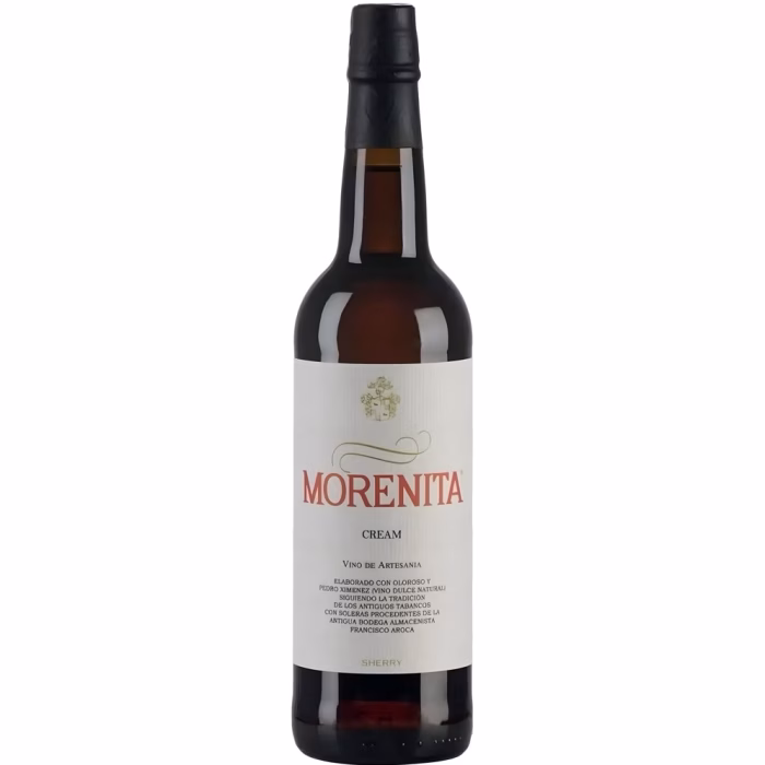 Botella de vino blanco generoso Cream Morenita de la Bodega Emilio Hidalgo denominación de origen Jerez-Xérès-Sherry