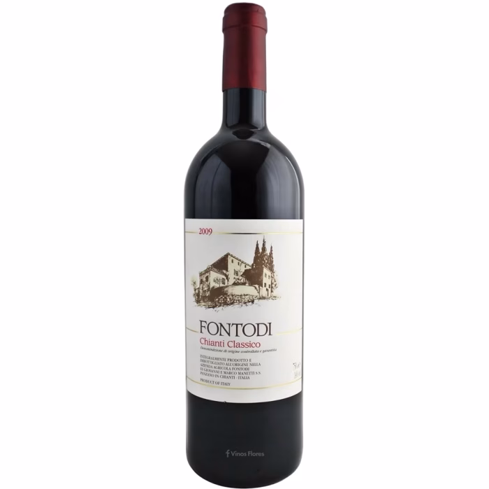 Botella de vino tinto italiano Fontodi 2009 uva Sangiovese de la Bodega Chianti Classico