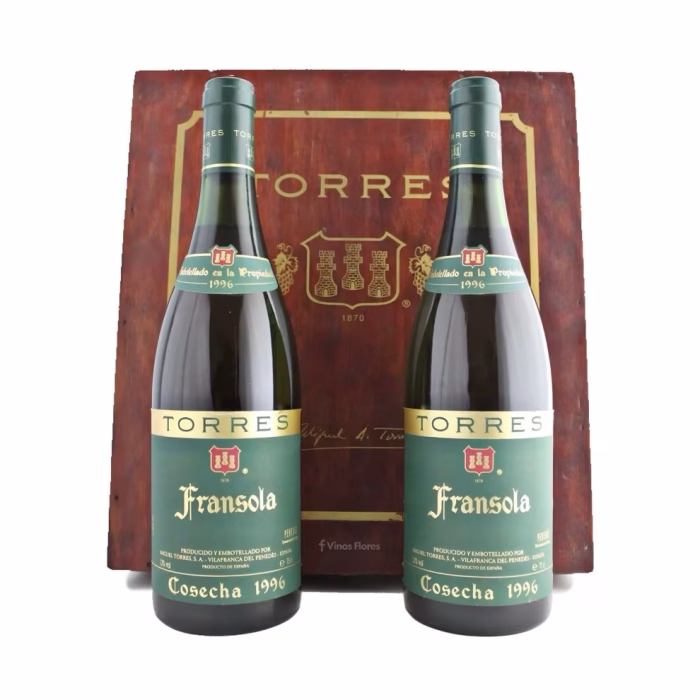 Estuche de 2 botellas del vino blanco Fransola 1996 de la Bodega Familia Torres de la denominación de origen Penedès