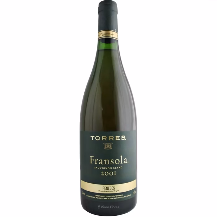 Botella de vino blanco Fransola 2001 de la Bodega Familia Torres en la denominación de origen Penedès